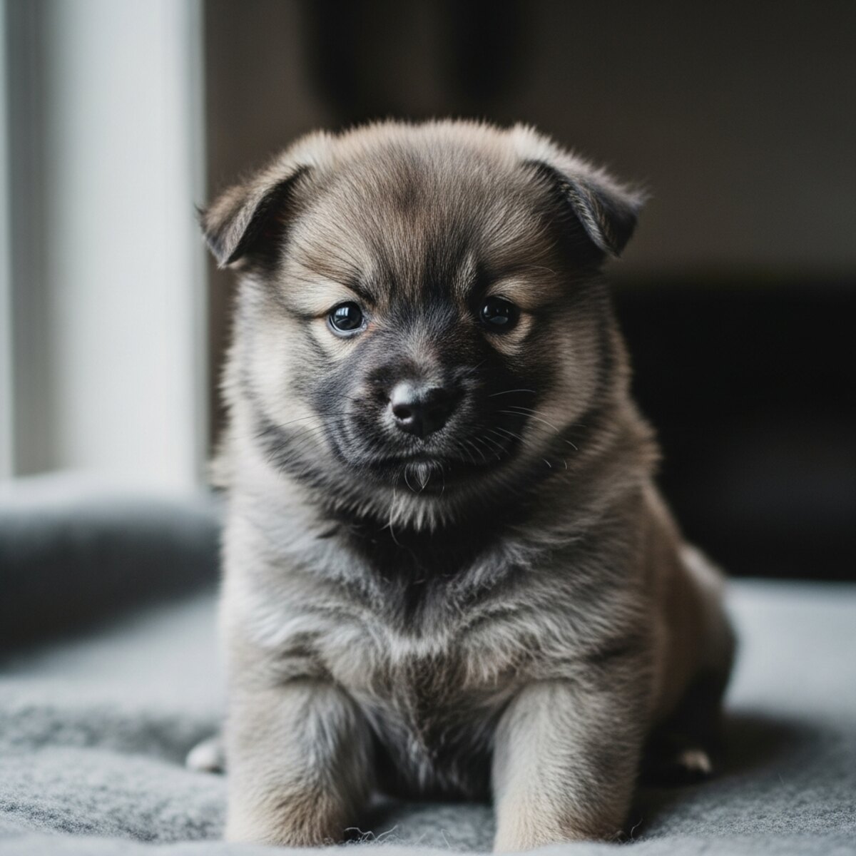 Chiot spitz gris-loup de six semaines regardant l'objectif
