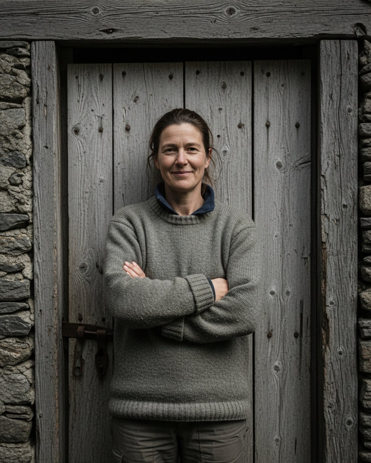 Portrait d'Élise Reynaud, veste de travail, devant la porte de la grange