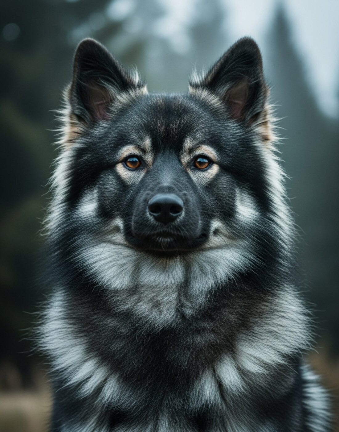 Portrait de Sirius, spitz moyen gris-loup, regard de trois quarts