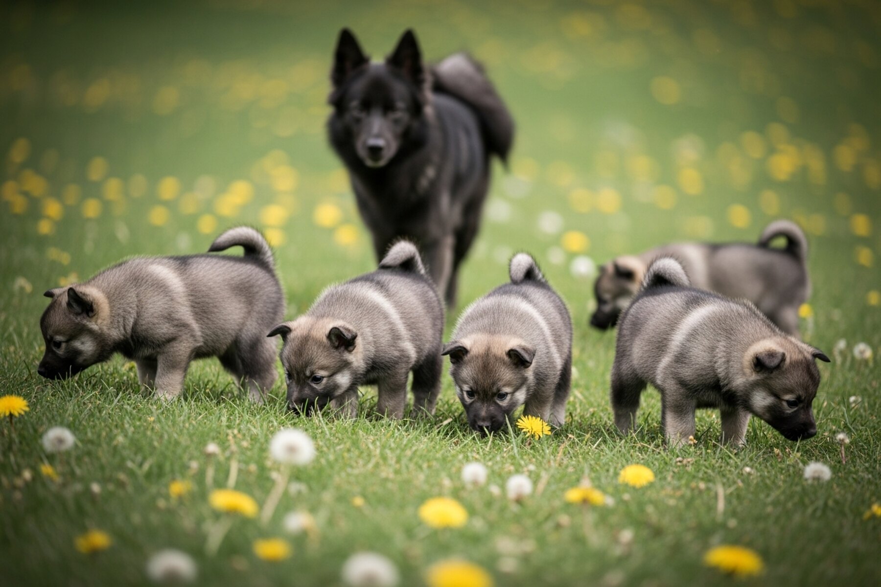 Souvenir de la portée A : cinq chiots explorant le pré au printemps