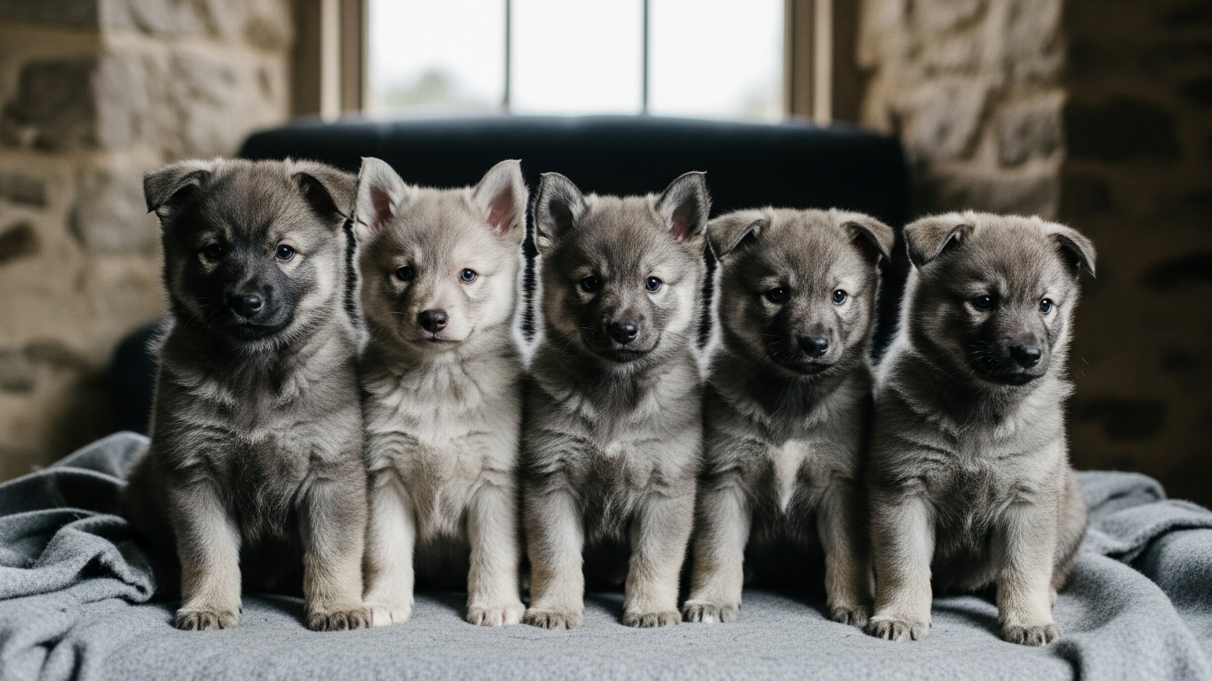 Les cinq chiots de la portée B alignés sur une couverture de laine devant la fenêtre