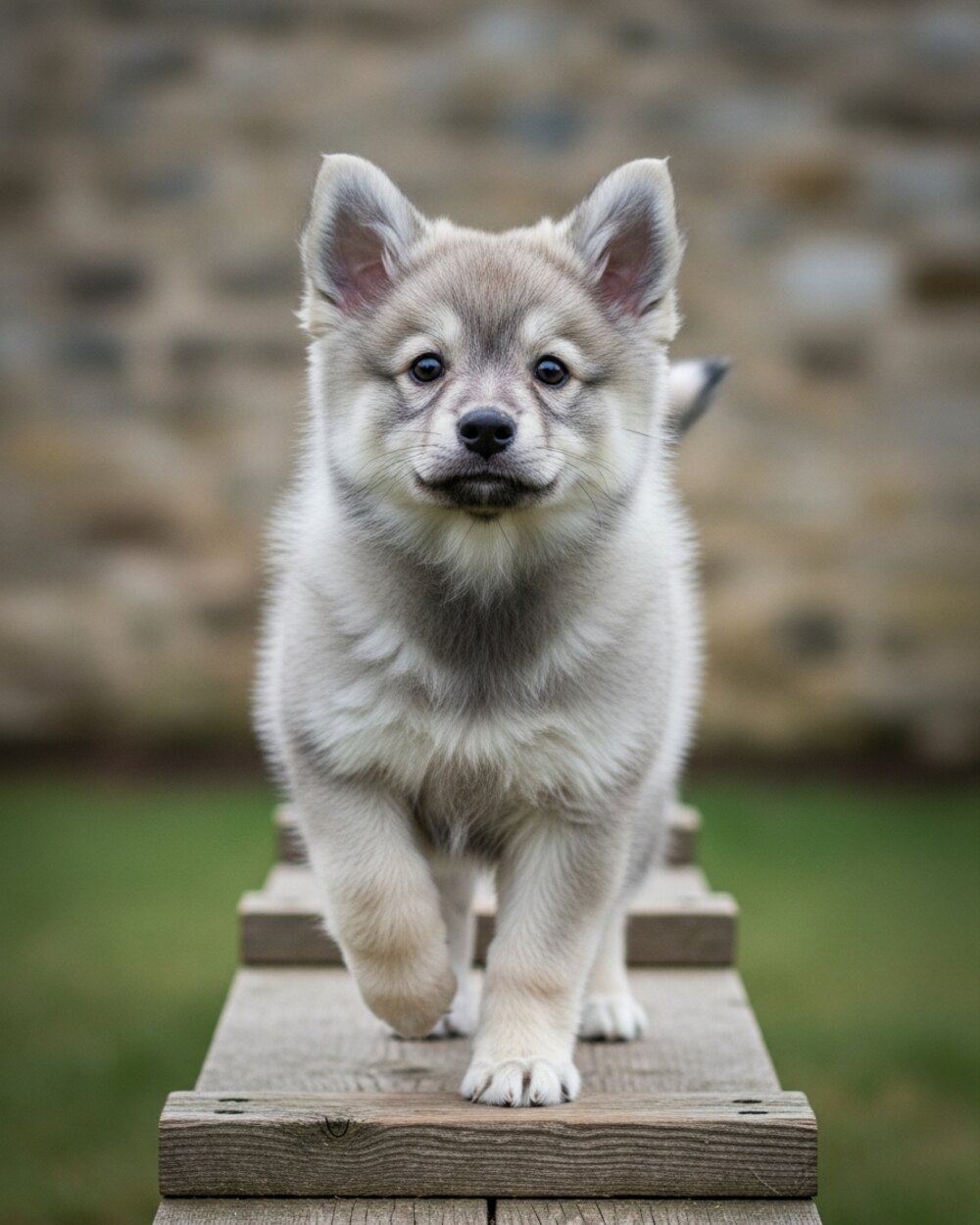 Baïkal, chiot mâle gris-loup clair, debout sur une planche d'éveil