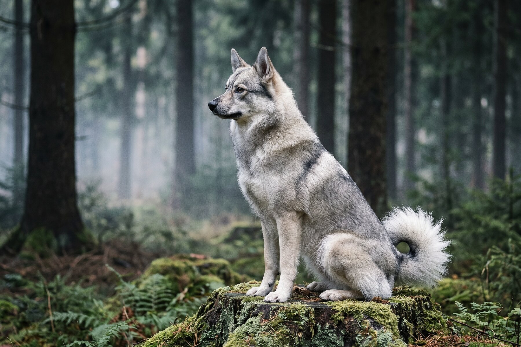 Rumeur de profil, assise sur une souche en lisière de forêt